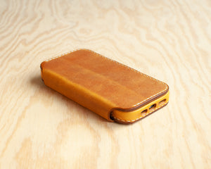 Handmade Honey leather iPhone wallet folio by Ravenweave, closed
