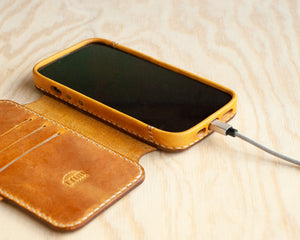 Handmade Honey leather iPhone wallet folio, stitched edge detail