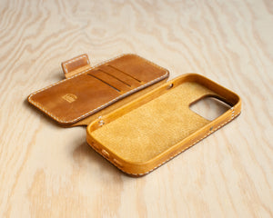 Ravenweave Honey leather iPhone wallet folio, lifestyle shot