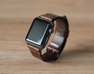 Ravenweave Walnut leather Apple Watch band, dark brown oil-waxed finish
