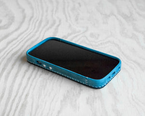 Cobalt leather iPhone case studio shot, Ravenweave handmade