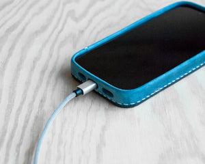 Ravenweave Cobalt leather iPhone case, hand-stitched edge