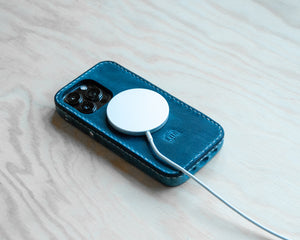 Cobalt oil-waxed leather iPhone case detail, Ravenweave