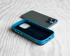 Handmade Cobalt leather iPhone case showing corner stitching