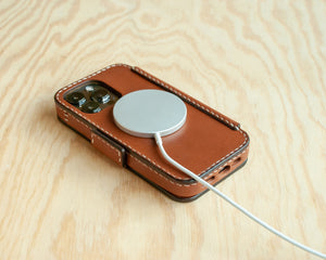 Handmade Saddle leather iPhone folio case, stitching detail