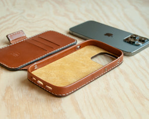 Ravenweave Saddle leather iPhone wallet folio, lifestyle shot