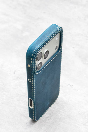Handmade Cobalt leather iPhone case, vertical close-up