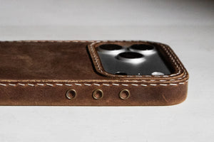 Walnut leather iPhone case action button side cutout detail