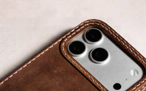 Walnut leather iPhone case camera lens cutout detail, Ravenweave