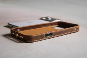 Walnut leather iPhone case camera control inner cutout, Ravenweave
