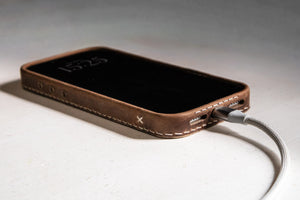Walnut leather iPhone case USB-C charging port cutout