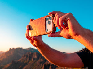 Ember handmade leather iPhone case in natural outdoor light