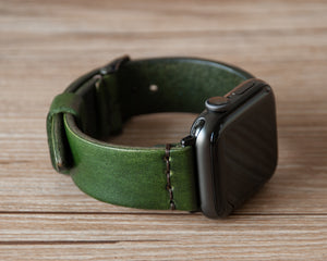 Handmade Emerald green leather Apple Watch band by Ravenweave